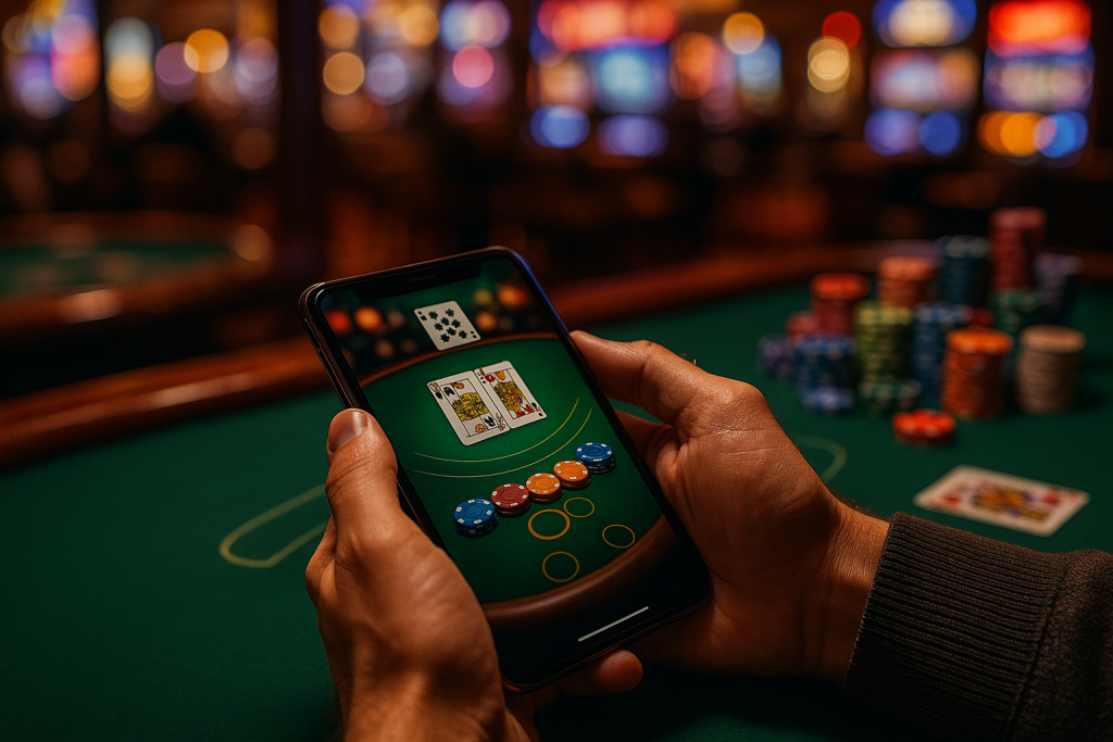 Person playing blackjack on a mobile device in an Indian live casino app